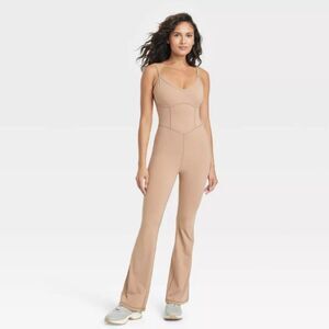 JoyLab Flare Long Bodysuit Tan Nude Jumper Jumpsuit Athletic Extra Large (XL)